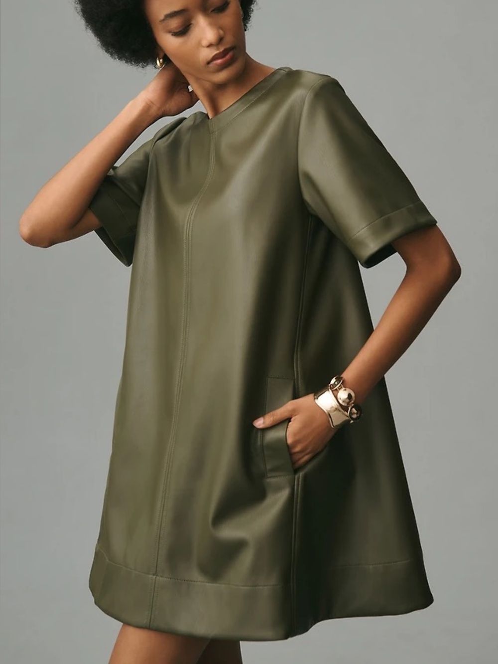 NWT Anthropologie The Emmy Faux Leather Short-Sleeve Mini Dress by Maeve - Picture 2 of 6